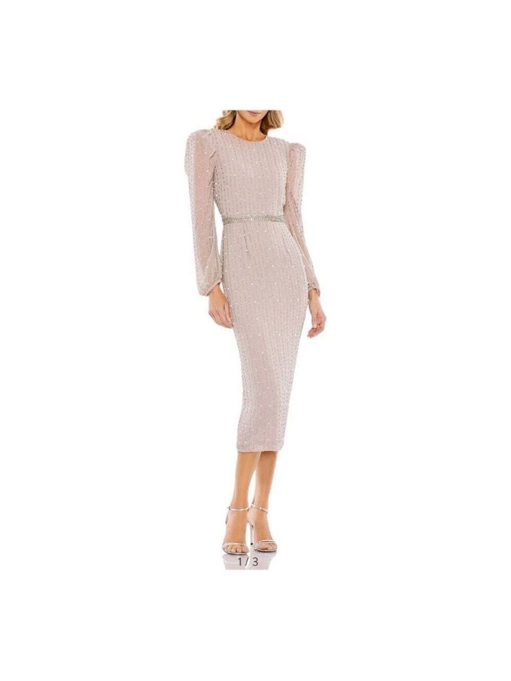 Mac Duggal Vintage Lilac Mocha Stripe Long Sleeve Midi Dress Sz 16 NWT $498